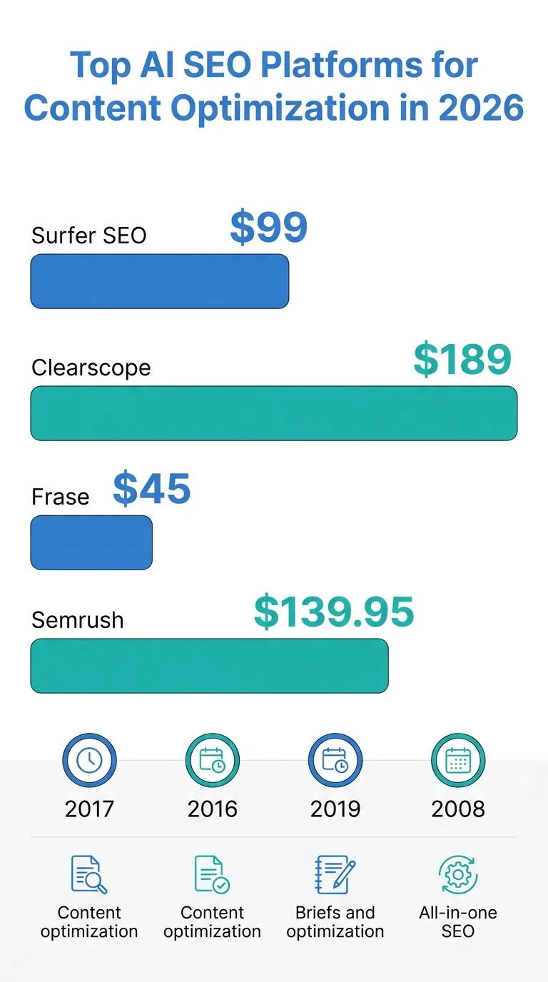 AI SEO platform pricing and workflow comparison infographic